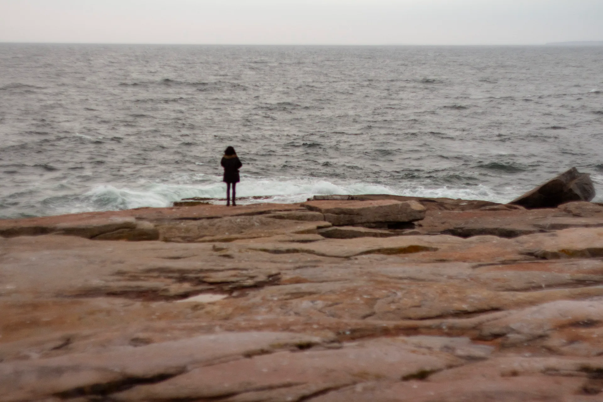 A person stands on a rocky, reddish-brown shore, looking out at a grey, choppy ocean under an overcast sky. The individual, seen from behind, wears a dark coat, with waves breaking against the rocks near their feet.