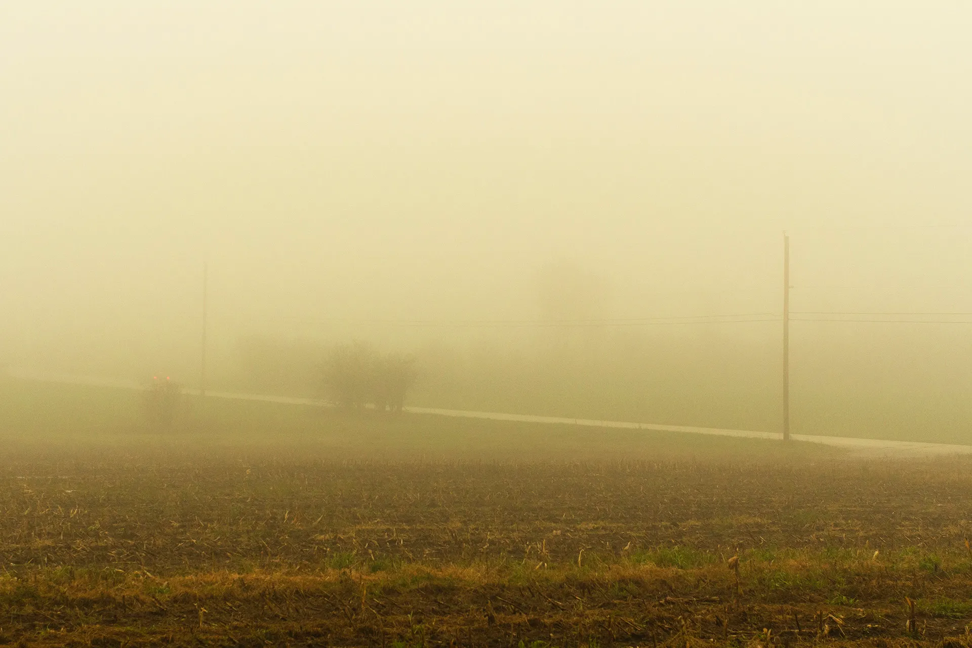 A yellow tinted photography looking across a field, bisected by a road with telephone poles that disappear into the fog.