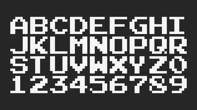 The letters A through Z and numbers 0 through 9 in a pixelated 8-bit typefaces in white on a dark gray background.