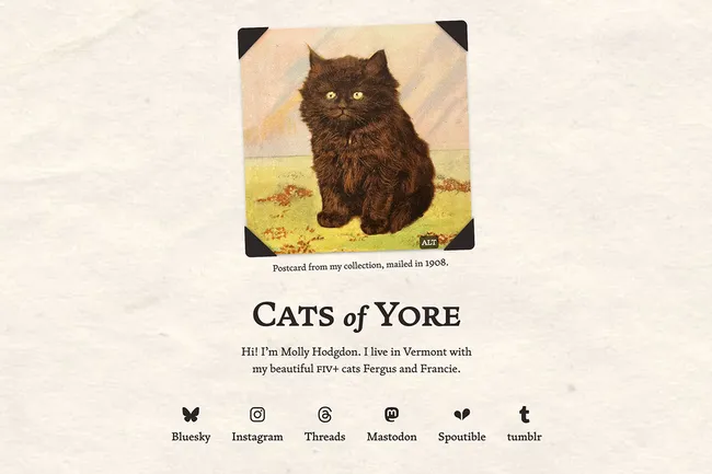 Screenshot of the Cats of Yore homepage. A colorized photograph of a small round cat with black photo corners is at the top. Below that is the title Cats of Yore. At the bottom of the page is a list of social media accounts with their logos.