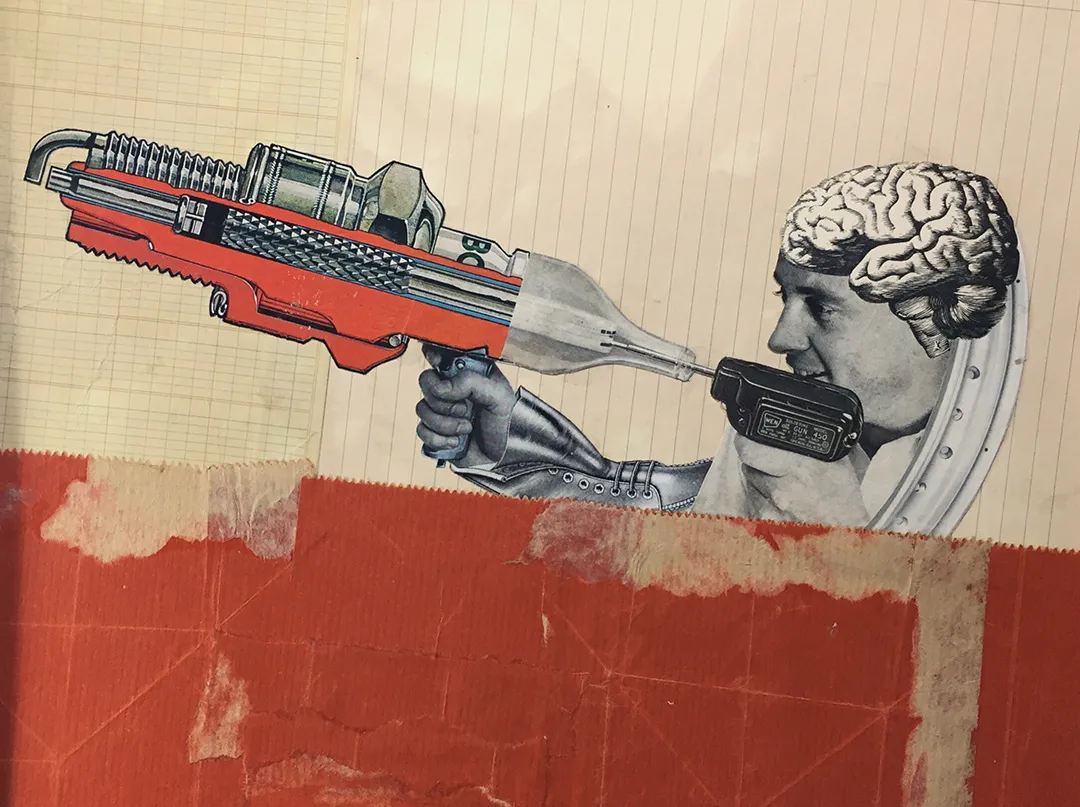 Man with a human brain on his head holding a large sparkplug like a rifle with parts of it cut away to see the insides. Background is made from stained graph paper. The bottom half of the collage is large piece from a red paper bag.