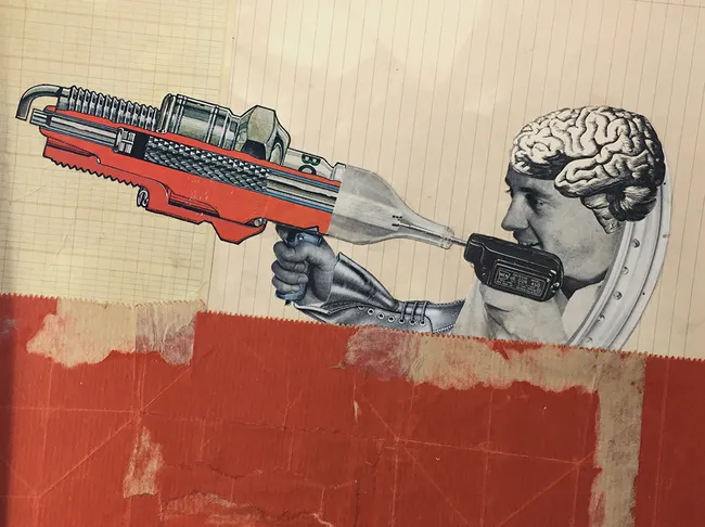 Man with a human brain on his head holding a large sparkplug like a rifle with parts of it cut away to see the insides. Background is made from stained graph paper. The bottom half of the collage is large piece from a red paper bag.
