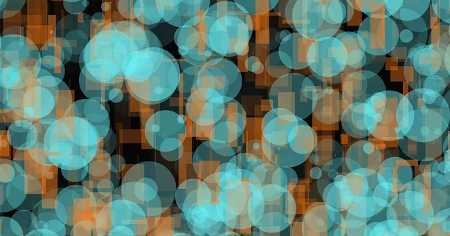 Random pattern of circles and rectangles in varrying opacities and shades of orange and light blue on a black background.