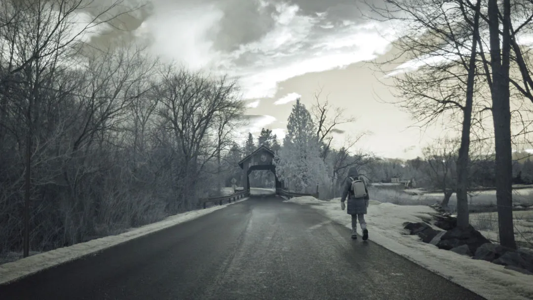 Looking down a road toward a small covered bridge. A person is walking toward the bridge on the side of the road. A tree next to the bridge looks white because of the infrared view.