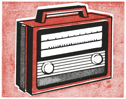 A two color illustration of an old radio with two knobs and a dial in red and black surrounded in a red halftone pattern. The dial goes back and forth when hovered.