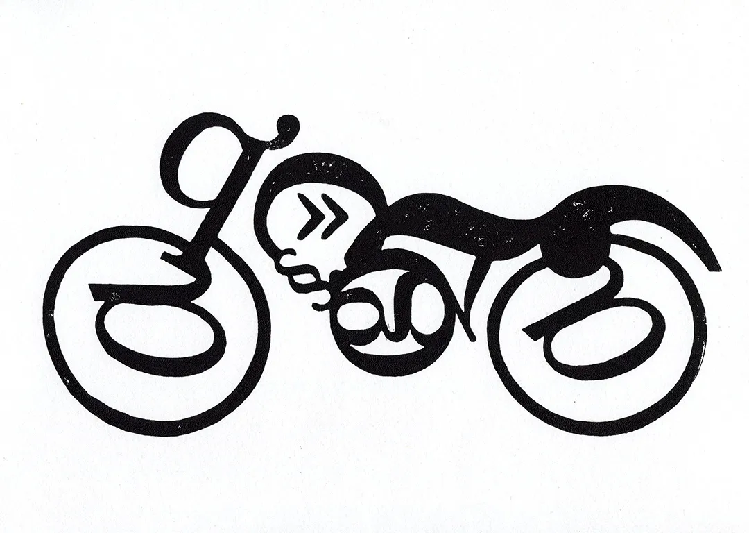 Glyphs from Baskerville assembled in to the shape of a motorcycle