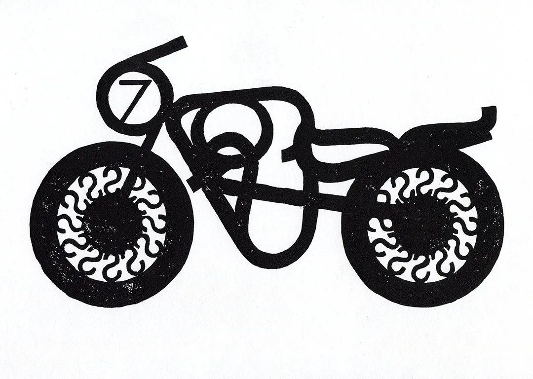 Glyphs from Futura assembled in to the shape of a motorcycle